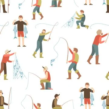 Flat fisher man seamless pattern. Fishing background with cartoon character 스톡 일러스트