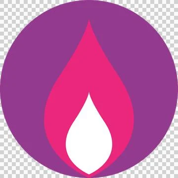 Flat flame icon is displaying pink-and-white layers on purple circle transparent Illustrazione stock