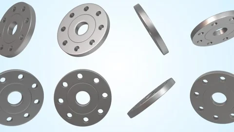 Flat Flanges Falling on a Light Blue Background. Steel Flanges 3D Animation. 4K Stock Footage 305979827