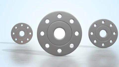 Flat Flanges on a Light Reflective Floor. Metal Flat Face Flanges 3D. 4K Video stock 305979820