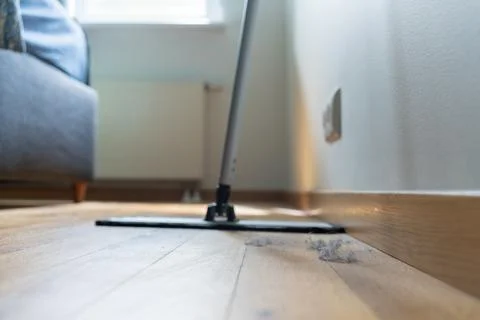 Flat floor mop ready to remove household dust from a wooden floor Stock Photos