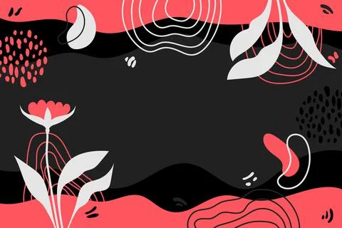 Flat Floral doodle abstract background. Hand drawn Black pink grey neon theme Stock Illustration