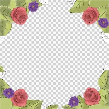 Flat floral frame is showing red roses and purple daisies in corners, Stock Illustration