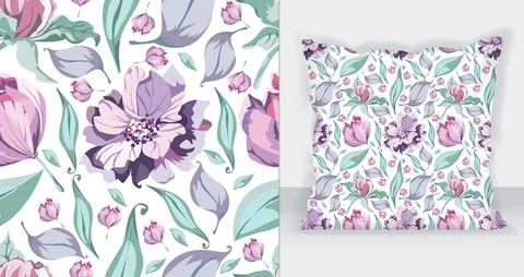 Flat floral pattern design with Square pillow mockup. イラスト素材