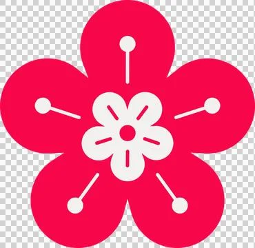 Flat flower icon is featuring red petals with white center, stamen lines on Stock Illustration