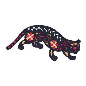 Flat flower panther, black big cat. Stock Illustration