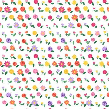 Flat flowers seamless pattern, colourful on white Stock Illustration