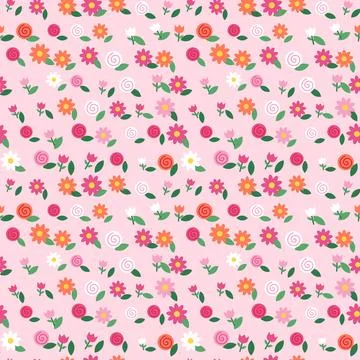 Flat flowers seamless pattern, roses tulips daisies on pink Stock Illustration