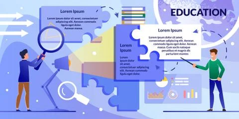 Flat Flyer Information Research and Education. Guys Put Together Big Puzzle P Illustrazione stock