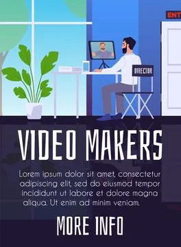 Flat flyer showing a man watching and editing video content. Illustrazione stock