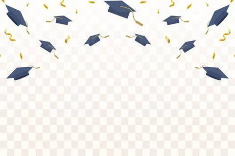 Flat flying Graduation caps confetti with gold ribbon illustration Stock Illustration