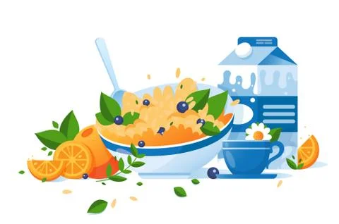 Flat food with cup of tea, milk, orange, green, cereal for breakfast. Stock Illustration