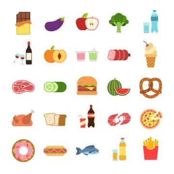 Flat food. Hamburger and bread, pizza and fruits, drinks. Vegetables, alcohol Stock Illustration