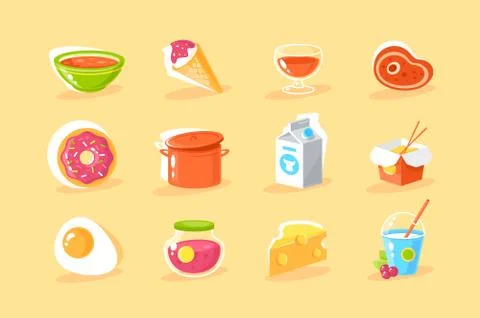 Flat food icon set with egg, milk, donut, chinese noodles, ice cream, cocktail Stock Illustration