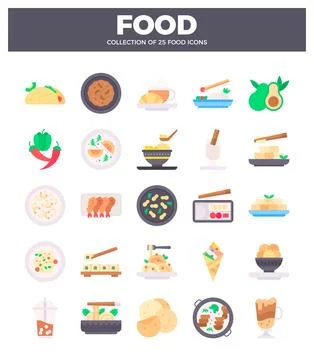 Flat food icons in a grid. featuring diverse cuisine and ingredients. Illustrazione stock