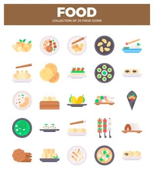Flat food icons in a grid layout on a white background. featuring diverse A.. Illustrazione stock