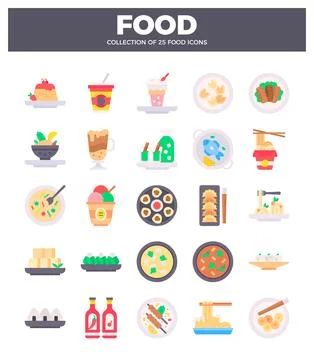 Flat food icons in a grid layout. featuring various dishes and drinks. Stock Illustration