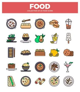 Flat food icons in a grid layout. Culinary icons on a white background. Gra.. Stock Illustration