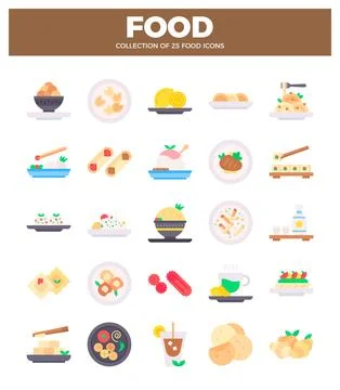 Flat food icons in a grid layout with white background. イラスト素材
