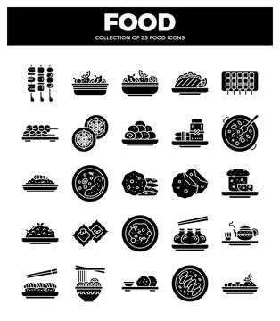 Flat food icons in a grid pattern on a white background. イラスト素材