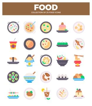 Flat food icons in a grid pattern on a white background.  Various dishes in.. 스톡 일러스트