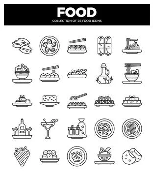 Flat food icons presented on a clean white background for easy use. Stock Illustration
