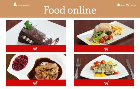 Flat food ordering interface is showing orange header, user home cart icons, Stock Illustration