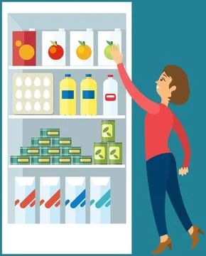 Flat food storage refrigerator kitchen furniture vector. Open fridge technical Stock Illustration