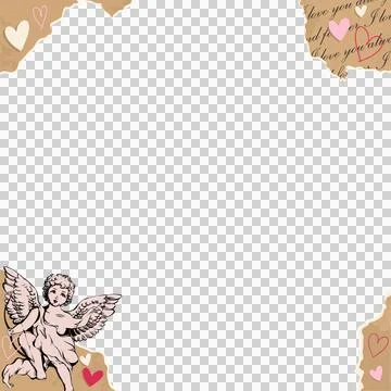 Flat frame is featuring cherub over teal with hearts, parchment, transparent Ilustração Stock