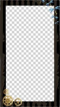 Flat frame showing brown border, teal panel, blossoms  and  gears on transparent Stockillustratie