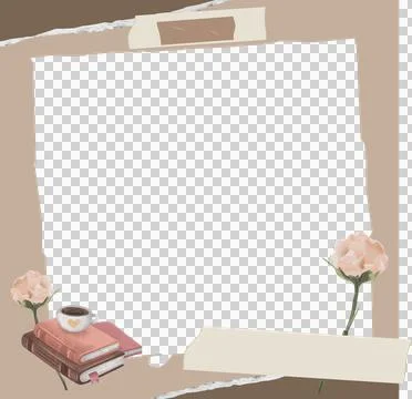 Flat frame is showing torn strips, teal center, books, cup, copy space, Illustrazione stock