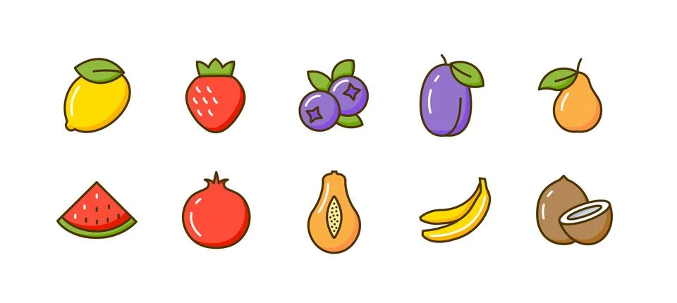 Flat fruit icon lemon vector strawberry tropical coconut quince watermelon plum Illustrazione stock