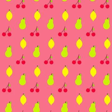 Flat Fruits Set Seamless Pattern Pink Vector Stock Illustration