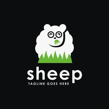 Flat fun sheep eating grass logo icon vector template on black background Stock Illustration