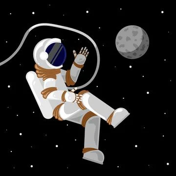 Flat Funny flying astronaut in space with stars and moon around Stock Illustration