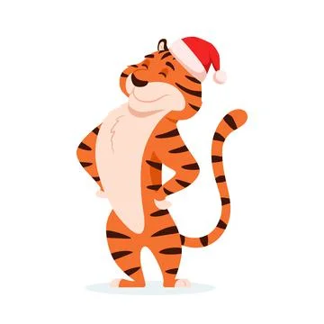 Flat funny tiger in Santa hat isolated on white. Stock Illustration