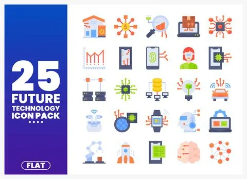 Flat future technology icons on a blue and purple background Illustrazione stock