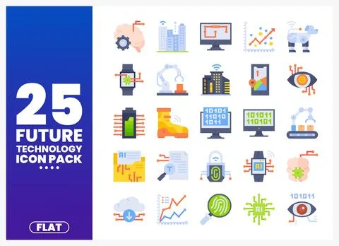Flat future technology icons collection with AI. robotics. and digital concep Stock-Illustration