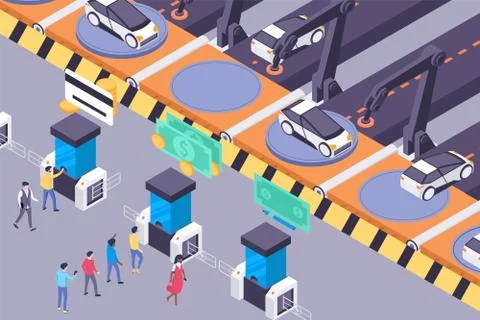 Flat future transportation services with urban car and passengers. Stock Illustration