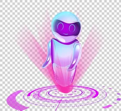 Flat futuristic robot is hovering over hologram rings and magenta rays on Illustrazione stock