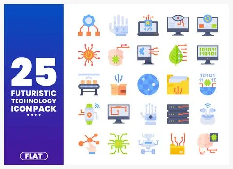 Flat futuristic technology icons set on white background Stock Illustration