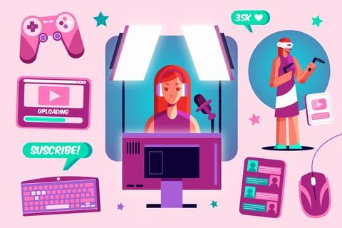 Flat game streamer elements collection 库存插图