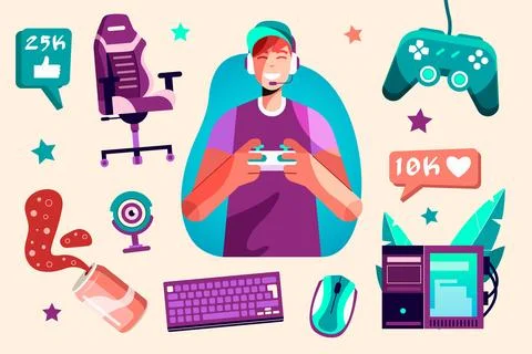 Flat game streamer elements collection 스톡 일러스트