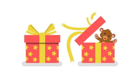 Flat Gift boxes star pattern with teddy bear doll vector 스톡 일러스트