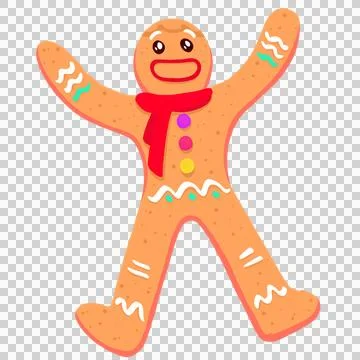 Flat gingerbread cookie is raising arms, scarf  and  candy buttons, transparent Stock Illustration