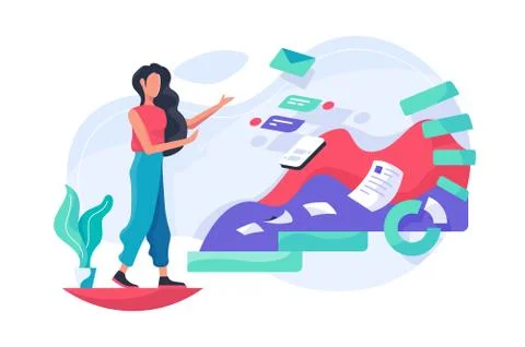 Flat girl and data with message, graph, papper work. Stock Illustration