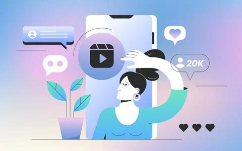 Flat girl influencer create visual content for social media Stock Illustration