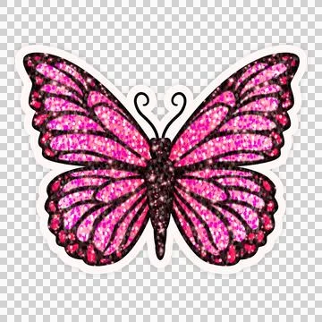 Flat glitter butterfly is floating on clear background with white border, dark Stock Illustration
