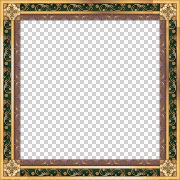 Flat gold-edged border is showing green vine motifs and purple scrollwork on Stock Illustration