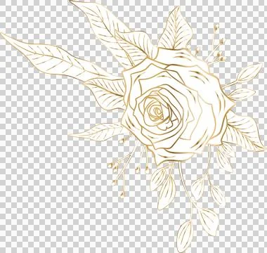 Flat gold-lined rose is appearing as corner accent with leaves and buds Stock Illustration